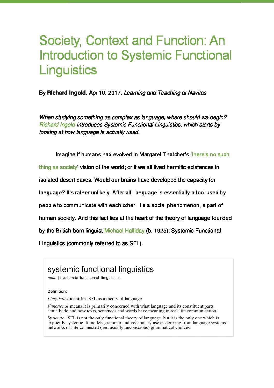 Society, Context and Function An Introduction to Systemic Functional Linguistics Richard Ingold