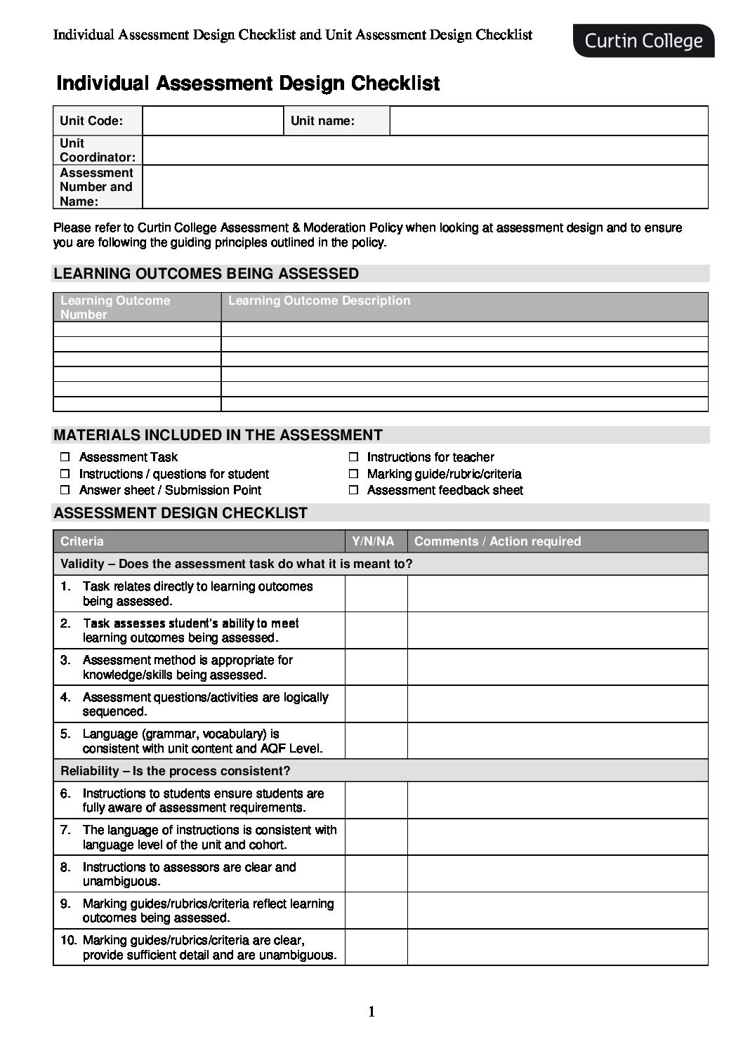 Individual and Unit Assessment Design Checklist